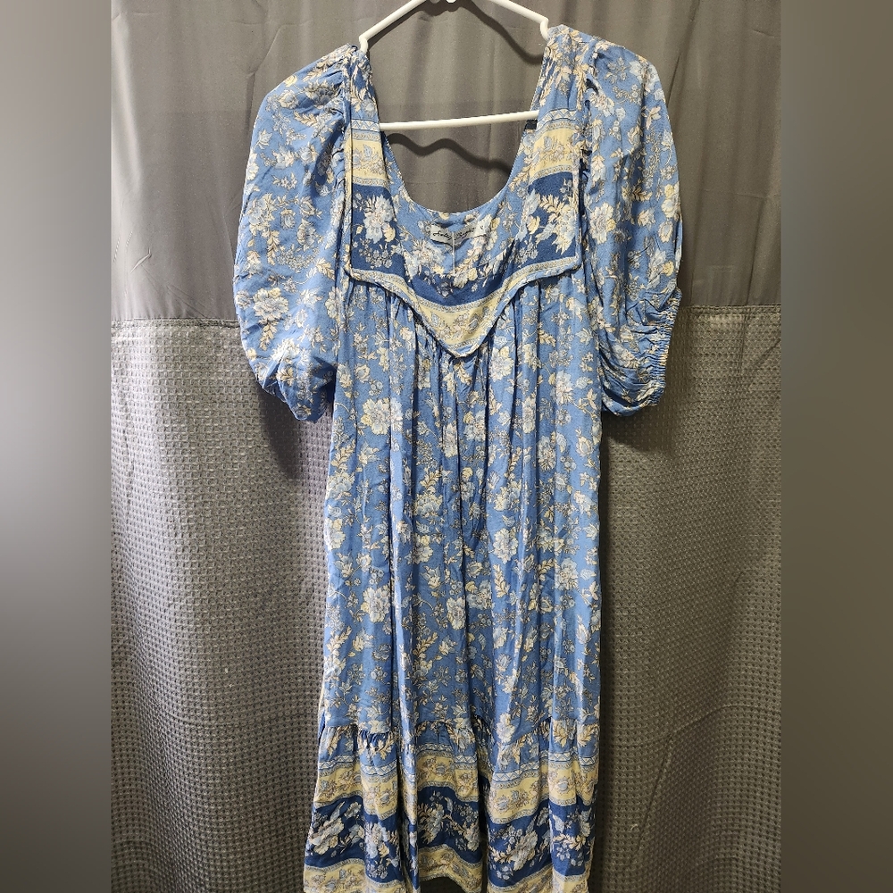 Blue and White Pleated Sundress with Puff Sleeves